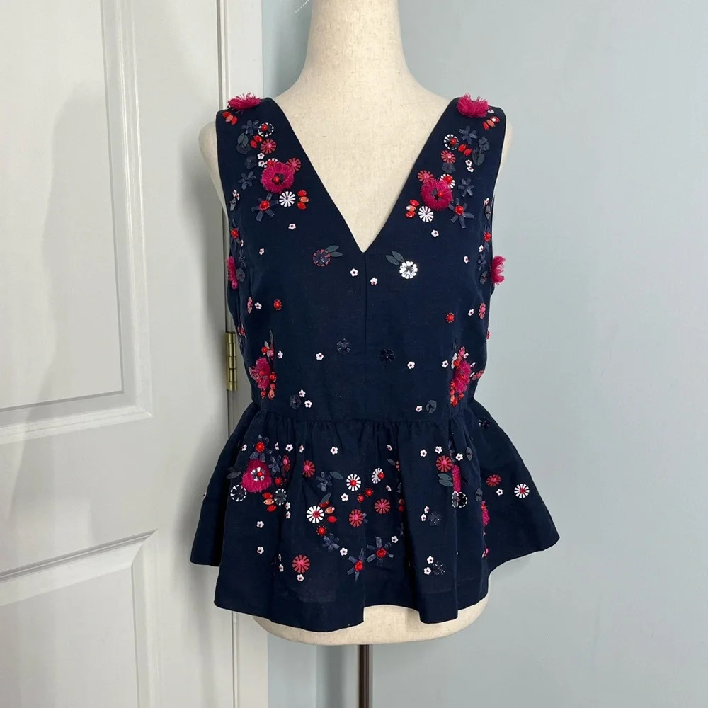 J.Crew Hand Embellished Peplum navy Top size 4 - Picture 7 of 10
